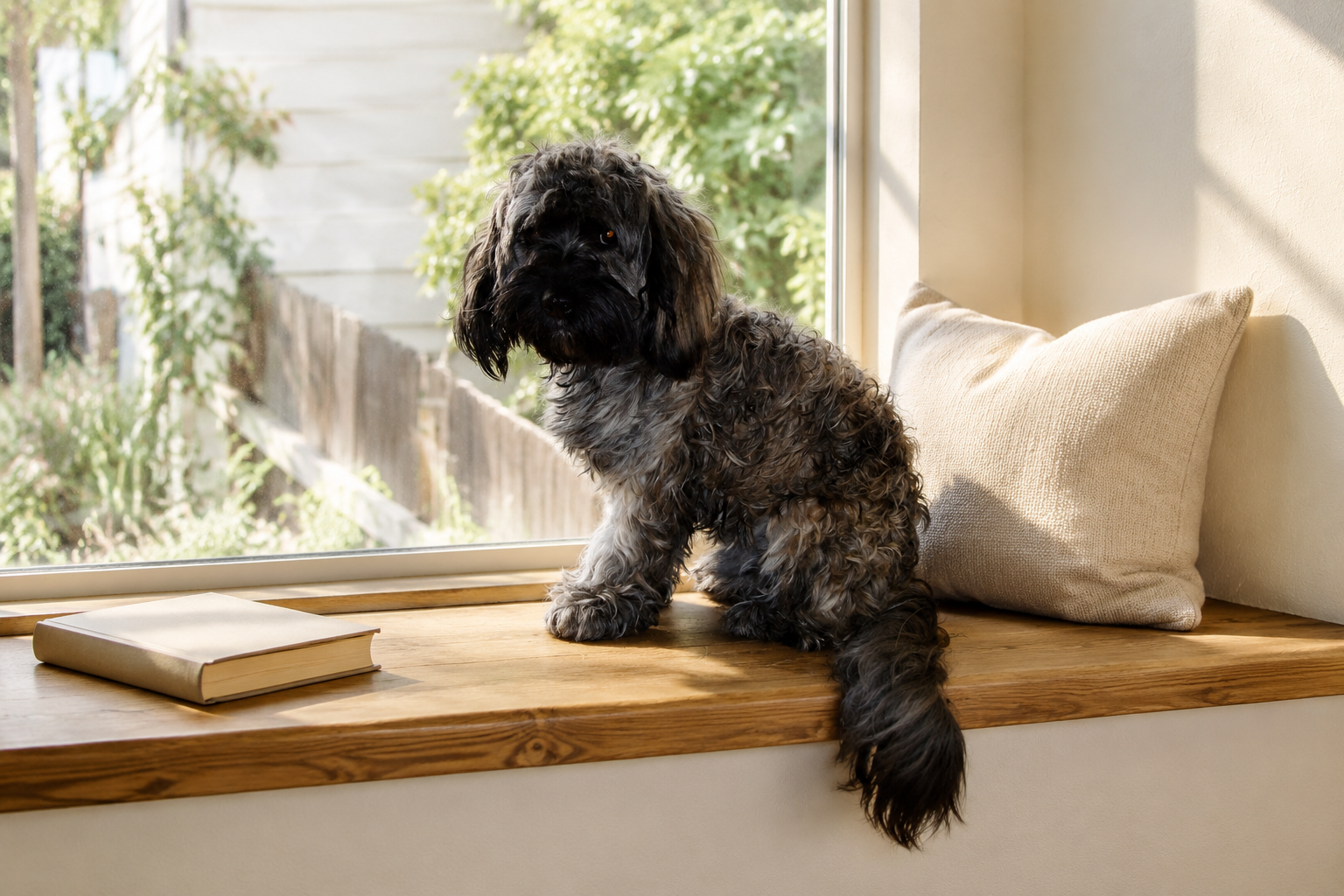 Max sitting naturally in a sunlit luxury-home reading nook