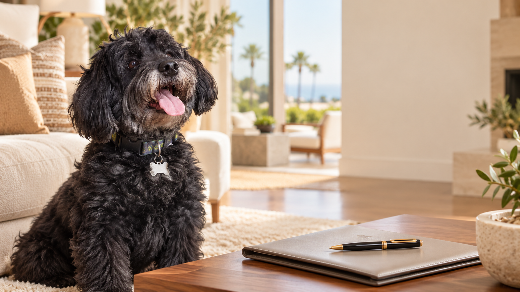 Max sitting attentively beside an adoption planning folder in a sunlit luxury home