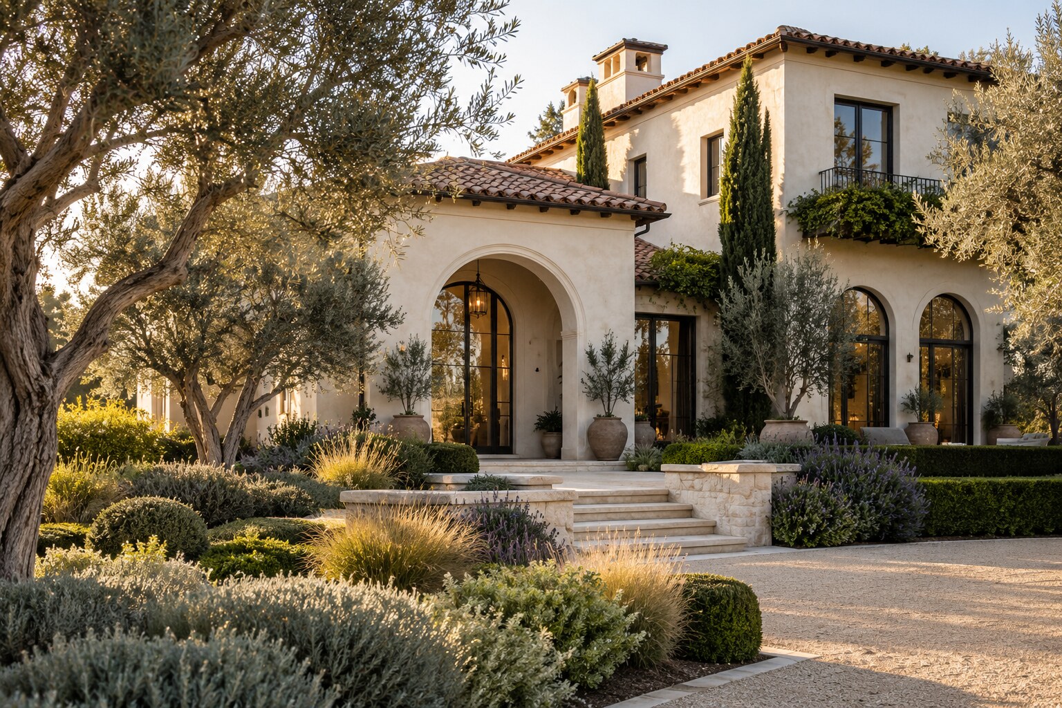 Elegant SoCal home surrounded by mature olive trees and refined landscaping