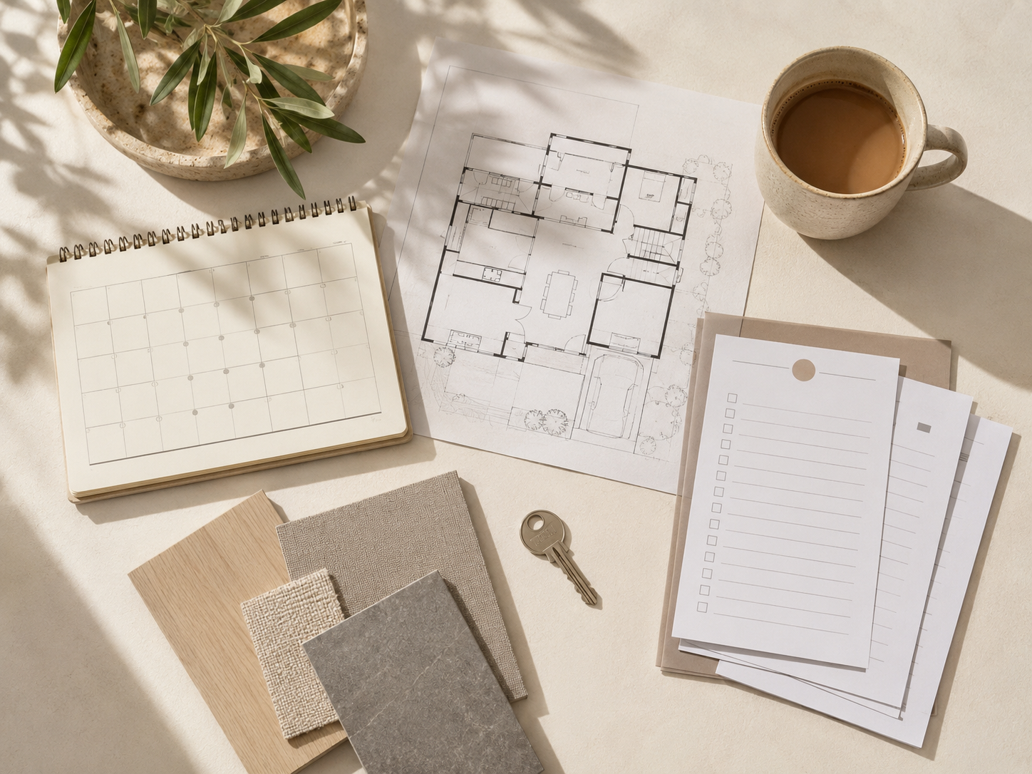An organized home transition plan with floor plans, calendar, checklist, and key