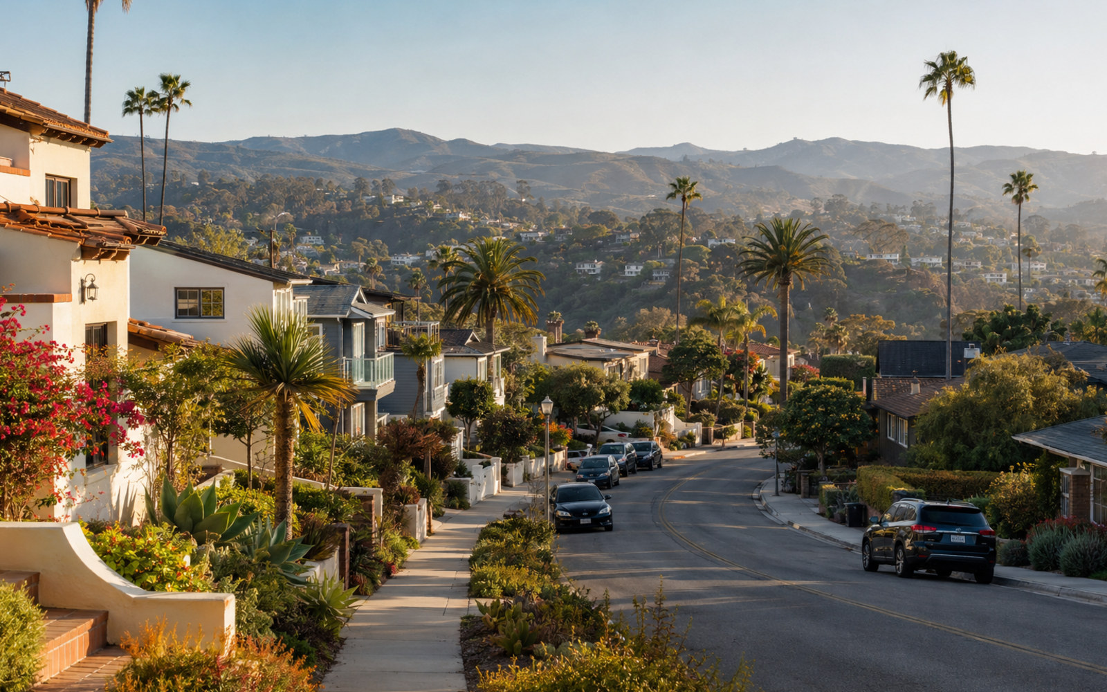 A welcoming SoCal neighborhood with homes, palms, and hills