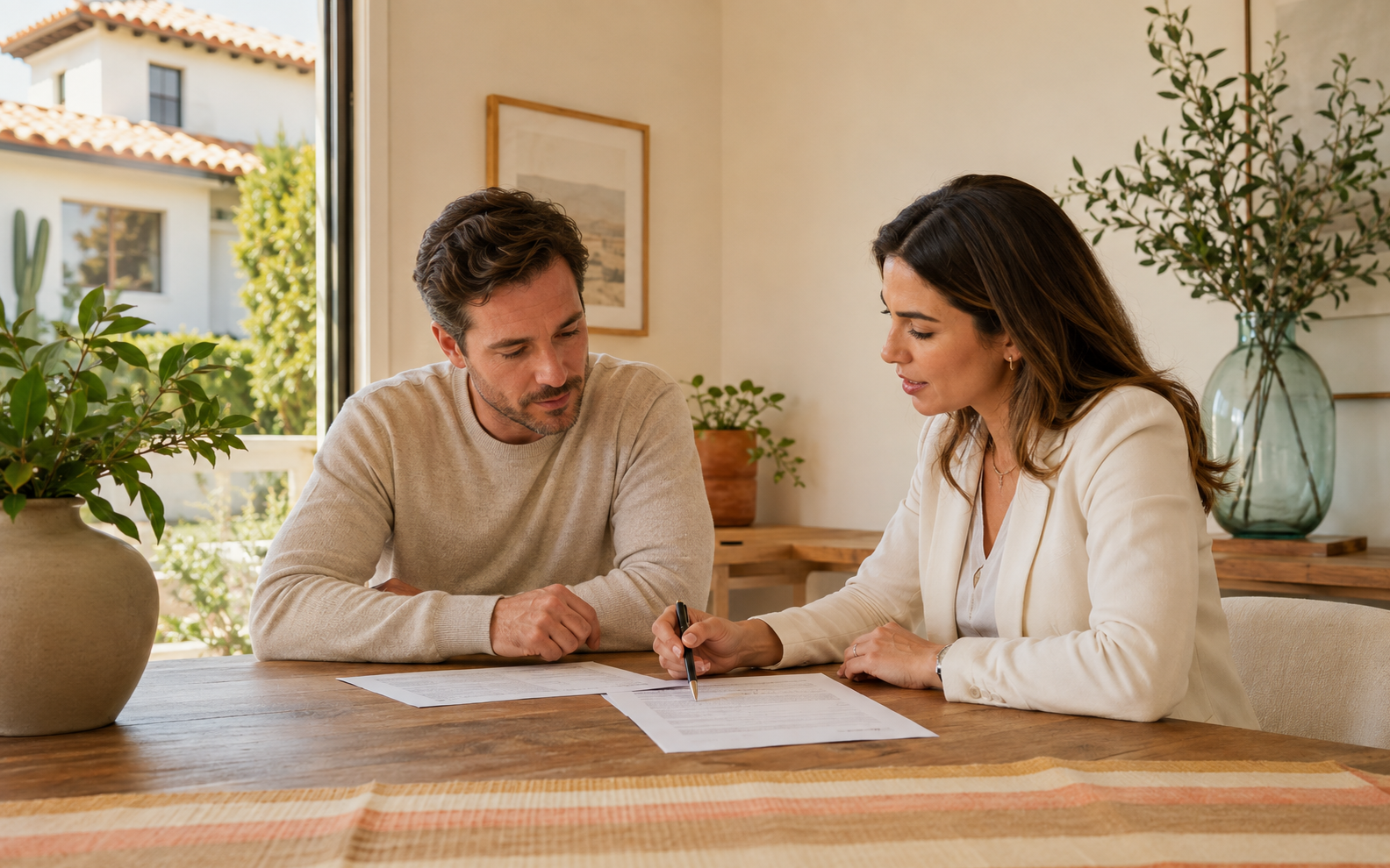 Buyer and real estate professional thoughtfully reviewing an offer