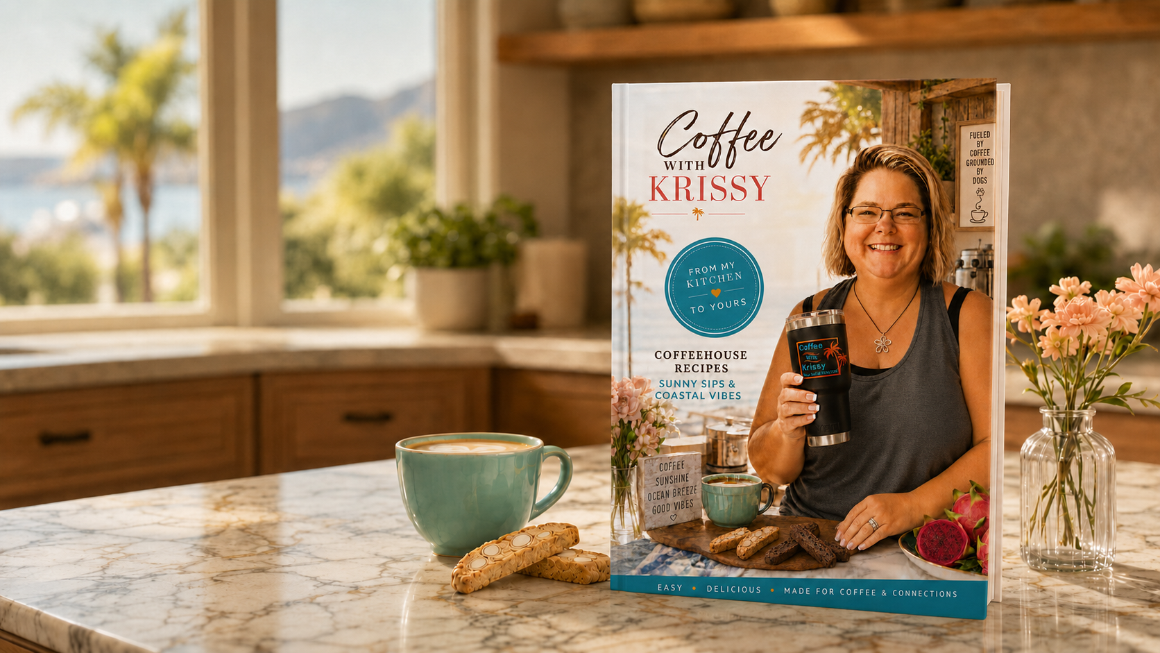 Coffee With Krissy cookbook on a sunny kitchen countertop