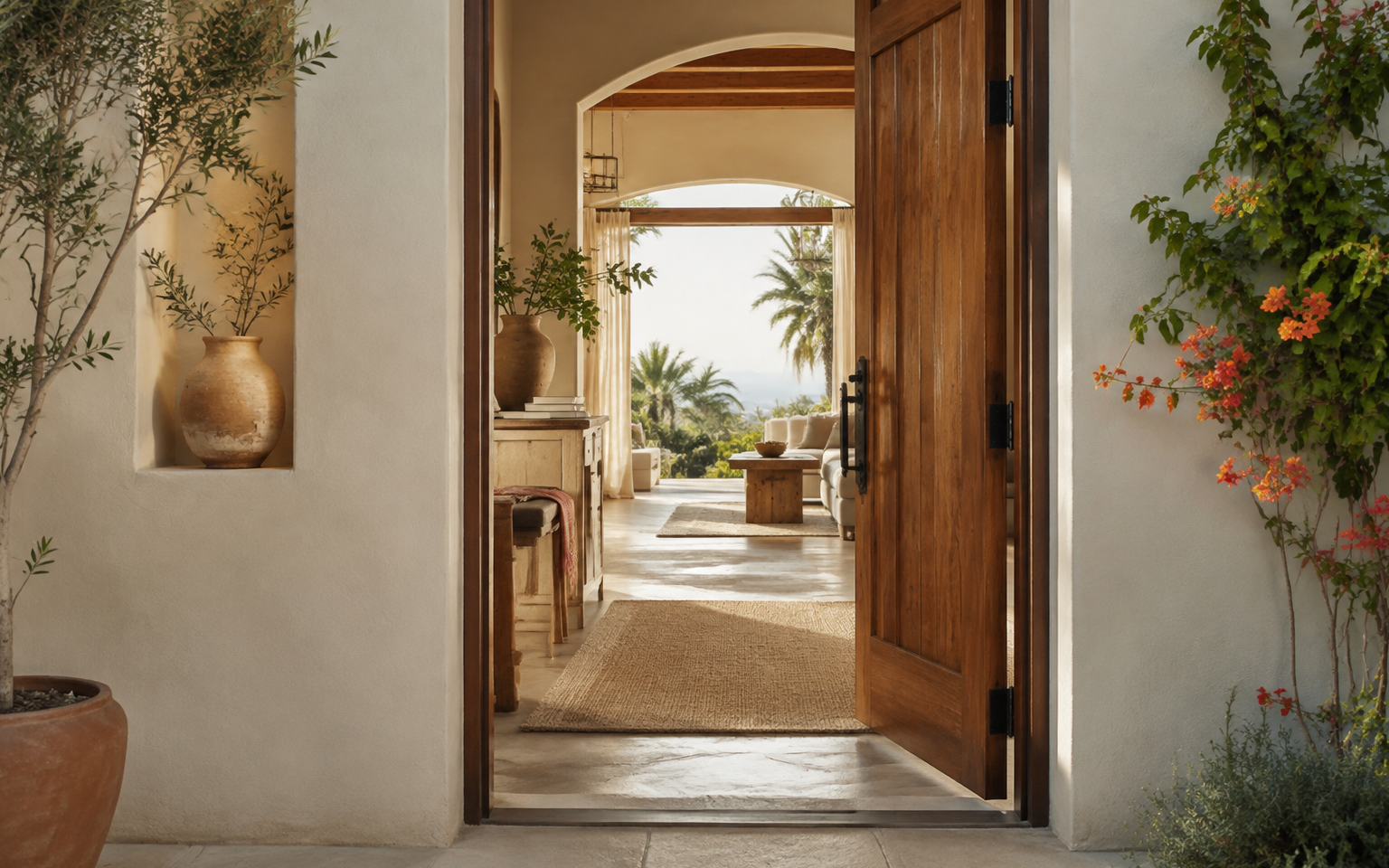 An open front door welcoming you into a warm SoCal home
