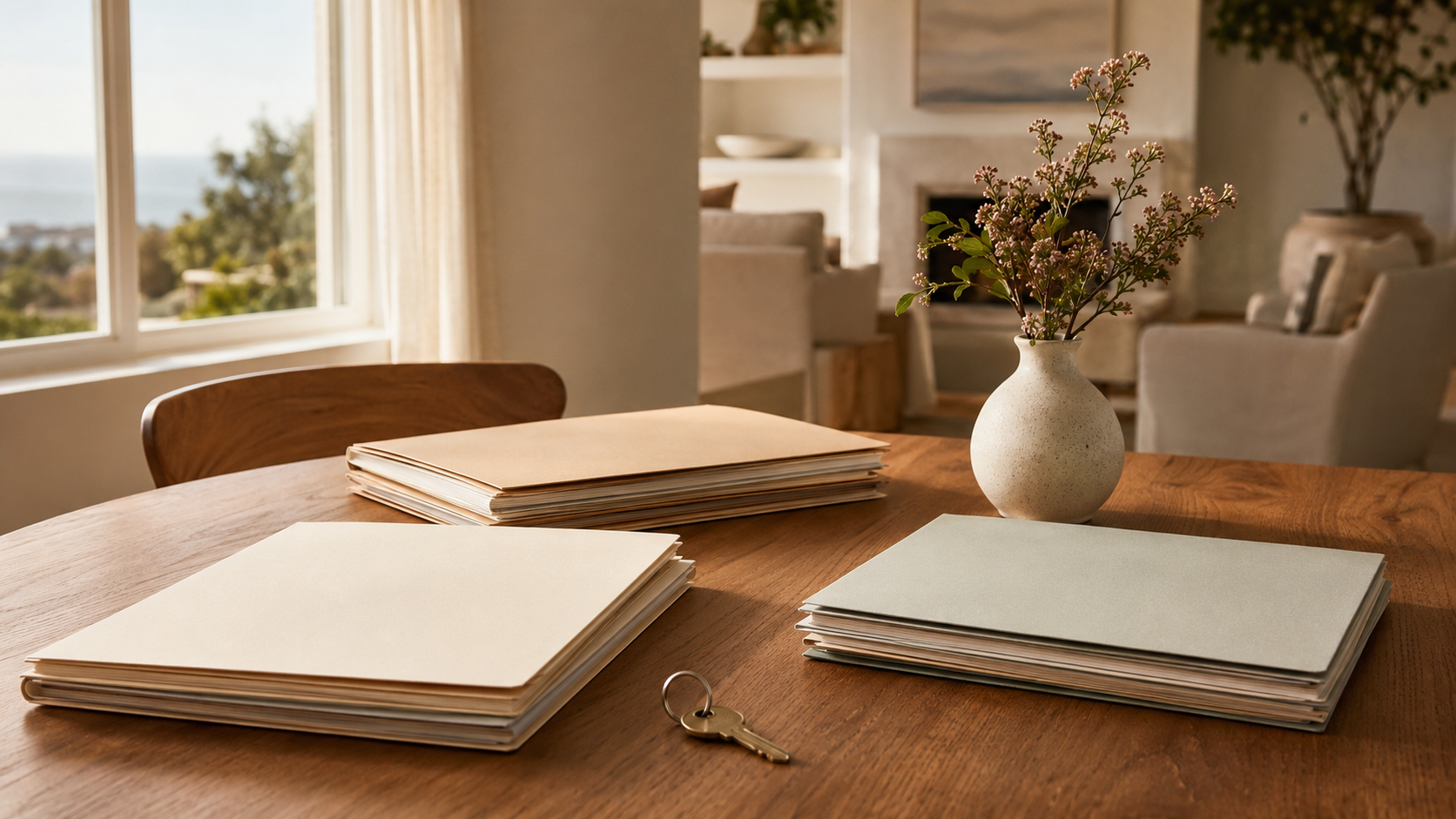 Organized property documents and house key in a calm home