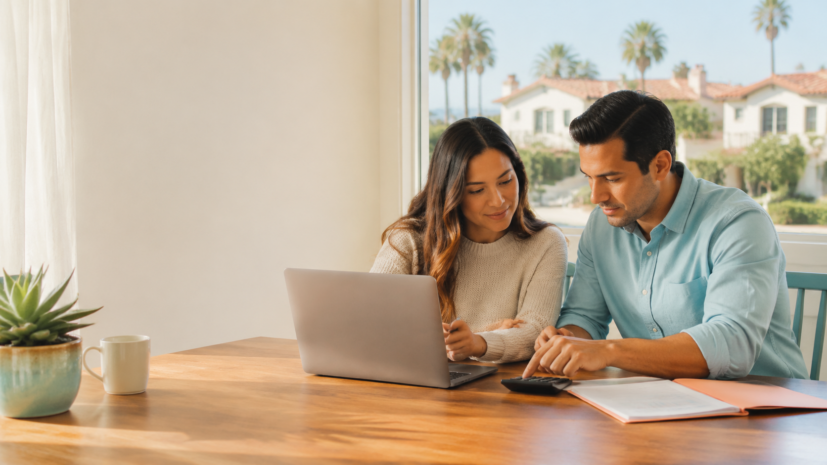 Relocating couple reviewing a complete SoCal housing budget