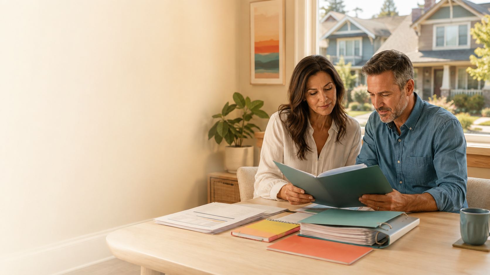 Homeowner and real estate professional organizing property information before listing